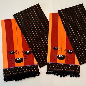 (4) Halloween Kitchen Guest Hand Towels Spiders, Polka Dots, Stripes, Pom Poms